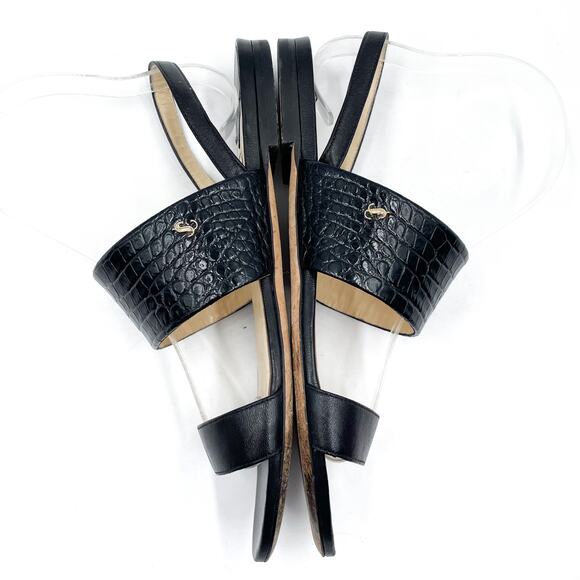 Jimmy Choo Seia Slingback‎ Sandals Black Strappy Flat Croc Leather Sz 37 / 7 - Picture 6 of 11